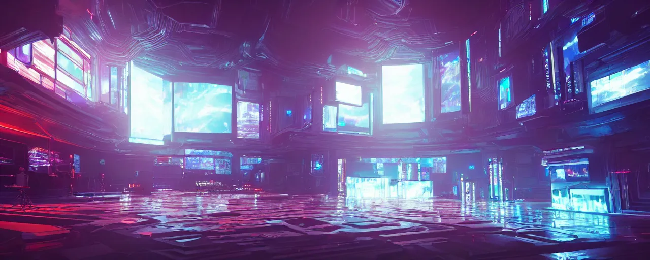 Image similar to an cyberpunk temple made of tv screens, glowing displays, octane render, unreal engine, 8 k, cinematic, artwork by ilya kuvshinov