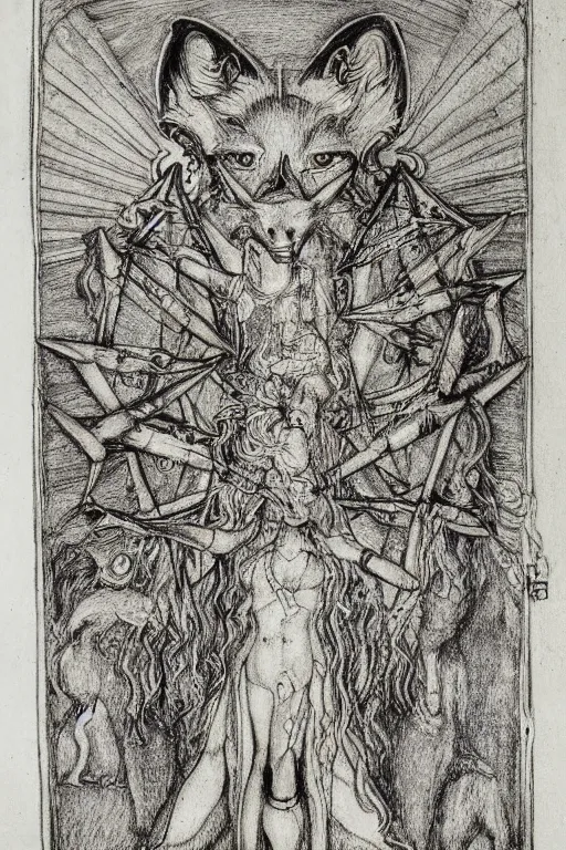 Prompt: realistic medieval etching of the fox of chaos, high detail, elaborate composition, quality draughtmanship, detailed faces. by austin osman spare, occult art, alchemical diagram