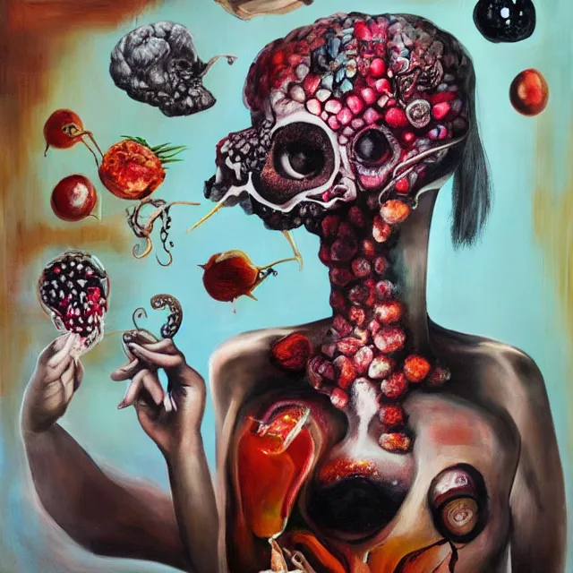 Prompt: apartment of an art student, portrait of a woman holding a brain, mangosteen, honey dripping, berries dripping juice, pancakes, pomegranate, bones, sensual, computer chips, berries, octopus, scientific glassware, neo - expressionism, surrealism, acrylic and spray paint and oilstick on canvas