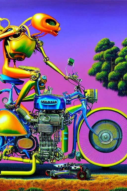 Prompt: a hyperrealistic painting of a mechanical motorcycle creature in a suburban neighborhood on a sunny day, by chris cunningham and richard corben, lisa frank, highly detailed, vivid color,