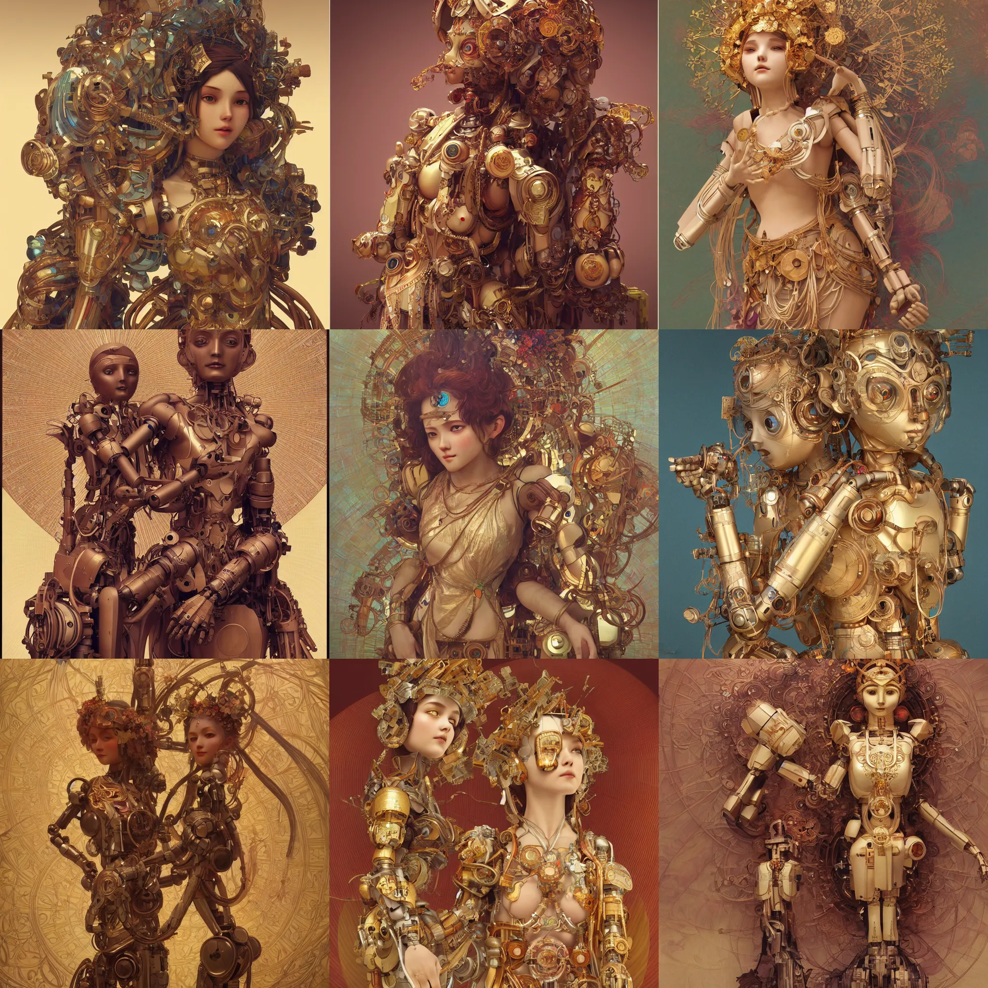 Prompt: octane render ultra photorealistic hyper detailed, a very very cute wooden mystical statue robot of the primitive godess natural, trending on cgsociety, in a contemporary art gallery in neo tokyo artwork by alphonse mucha