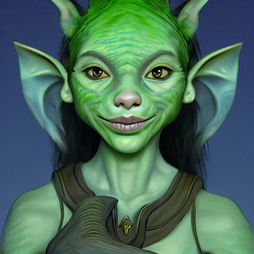 Image similar to Very detailed illustration of a beautiful goblin girl, green skin, big beautiful ears, digital concept art