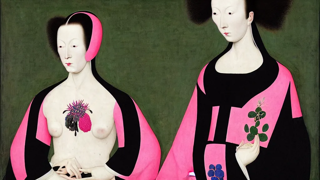 Prompt: symmetrical portrait of a woman with pink frizzy hair, wearing a embroidered black mask and a high collar black dress by balenciaga, standing in a botanical garden, bjork aesthetic, masterpiece, cyberpunk, in the style of rogier van der weyden and jacopo da pontormo, masterpiece, asian art