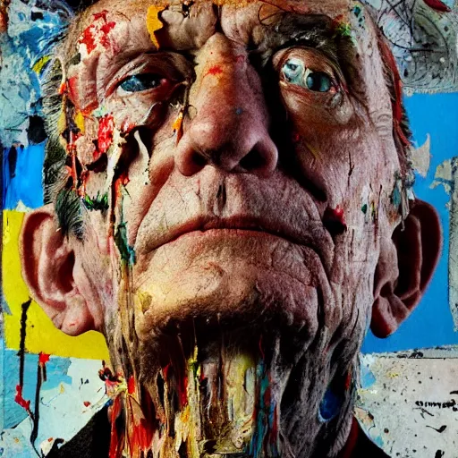 Image similar to hyperrealistic, photorealistic, mixed media oil painting of william s burroughs, magazine scraps, plaster, blood, oil, mustard, splatter, greg rutkowski, basquiat, ralph steadman, wesley kimler