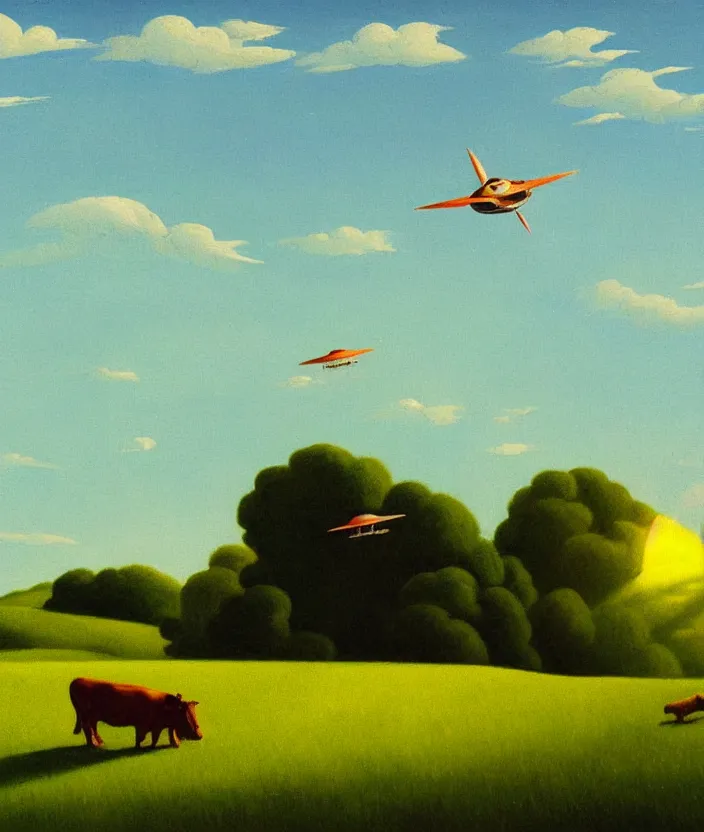 Image similar to a highly detailed painting of a stylized cartoon ufo over a meadow, there are cows on the meadow, one cow is being beamed up by an ufo, ufo has green light beam, very fine brush strokes, baby blue sky with aesthetic clouds, in the style of edward hopper, 4 k,