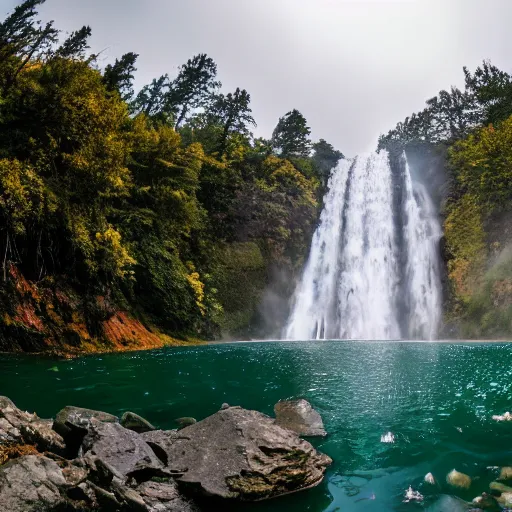 Prompt: large waterfall, water turning into diamonds and falling into a lake, wide angle shot, 8K