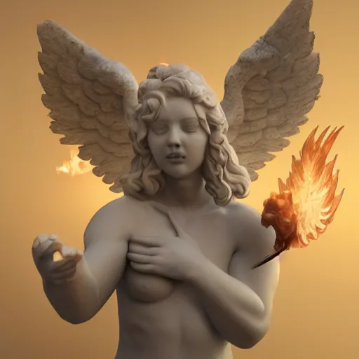Image similar to marble angel statue with puffed cheeks breathing fire, artstation, cgsociety