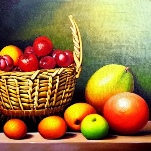 Prompt: fruits in a basket, oil painting, detailed