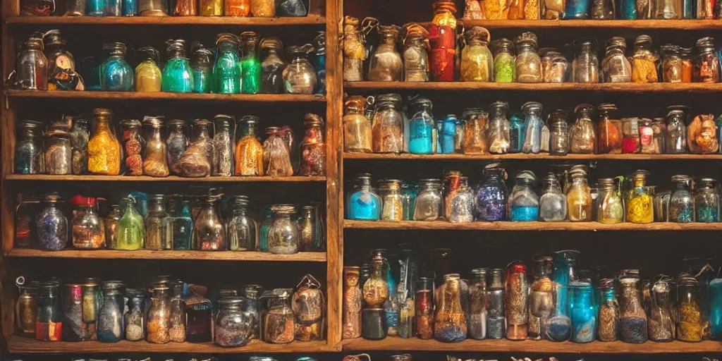 Prompt: a shelf full of colorful magic potions, brews and souls in jars