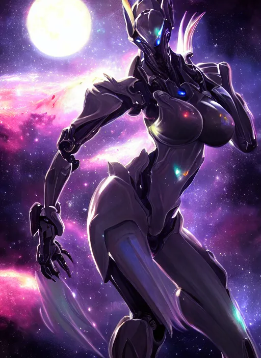 Image similar to cinematic goddess shot, cosmic sized perfectly proportioned stunning beautiful hot anthropomorphic robot mecha female dragon, in space, nebula background, larger than galaxies, holding galaxy, sharp claws, sleek silver armor, epic proportions, epic size, epic scale, digital art, furry art, macro art, dragon art, giantess art, warframe fanart, furaffinity, deviantart