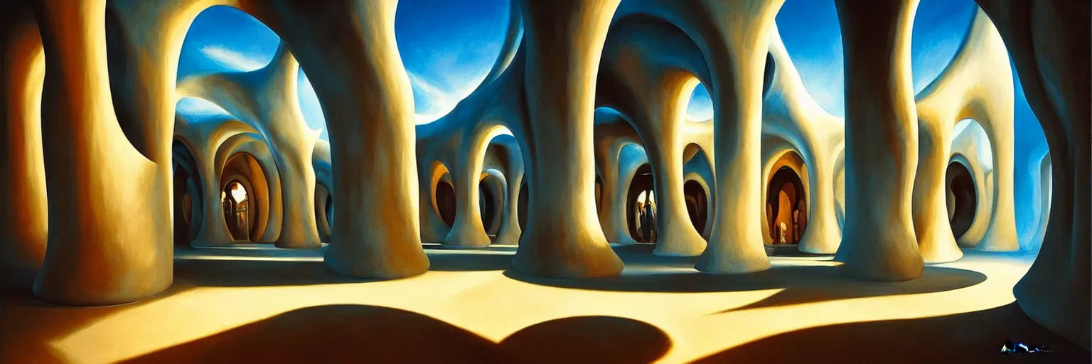 Prompt: volumetric shadows, volumetric lighting, el greco, curved perspective, naive, extra narrow, by rhads, an underground kitchen with large floor, antoni gaudi