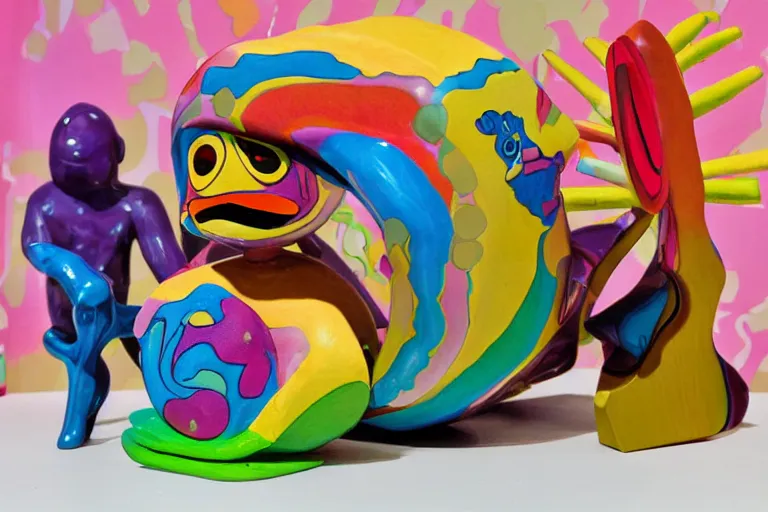 Prompt: cartoon psychedelic sculpture toy on display