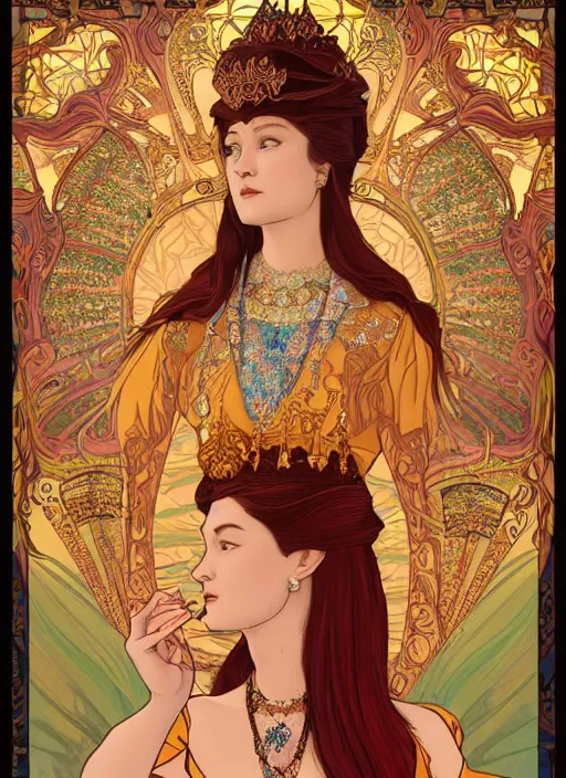 Image similar to well - lit art nouveau portrait of queen sirikrit of thailand who resembles sadie sink with red hair as a princess with intricate, ornate jewelry, natural lighting, path traced, highly detailed, high quality, cartoon, digital painting, by don bluth and ross tran and studio ghibli and alphonse mucha