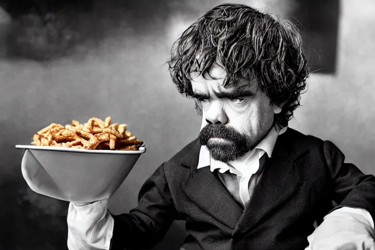 Image similar to peter dinklage at arbys eating curled fries, in the style of eugene atget and peter witkin