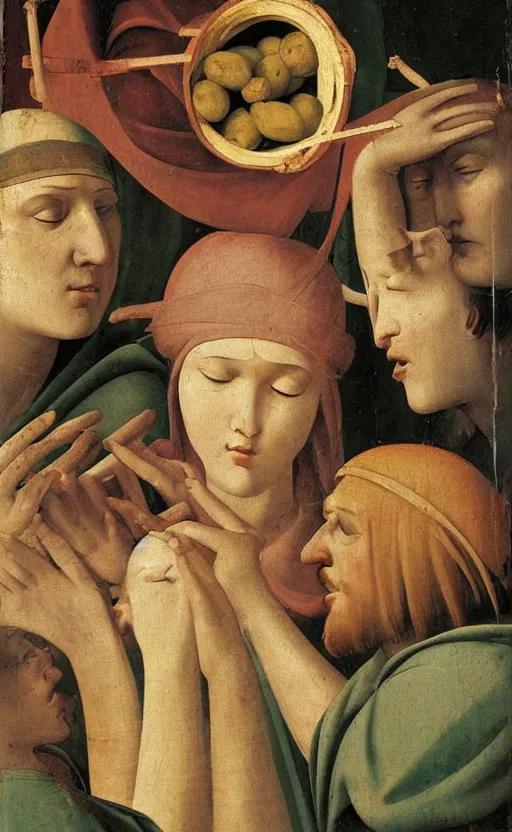 Prompt: painting by fra angelico of blindfolded!!!!!! the mocking of christ holding cornucopia!!!! 1 4 4 0 early renaissance painting, fresco! eerie, ominous, distressing