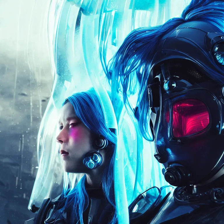 Image similar to beautiful cinematic poster, female cyberpunk, ronin ballistic mask, brilliant blue flowing hair, beautiful glowing eyes, wideshot ultrawide angle epic scale, hybrid from the elden ring and art direction by darius zawadzki, wayne reynolds artstation ; cinematic quality character render ; low angle ; ultra high quality model, quality cinema model