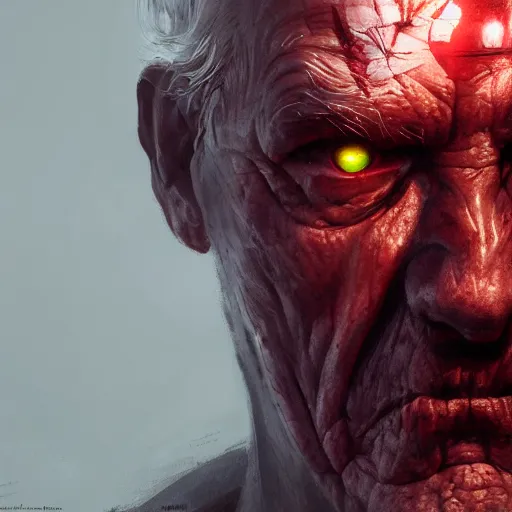 Prompt: close-up, symmetrical, portrait of an old man, glowing red eyes, bruised, scarred, marvel art, art by greg rutkowski, matte painting, trending on artstation