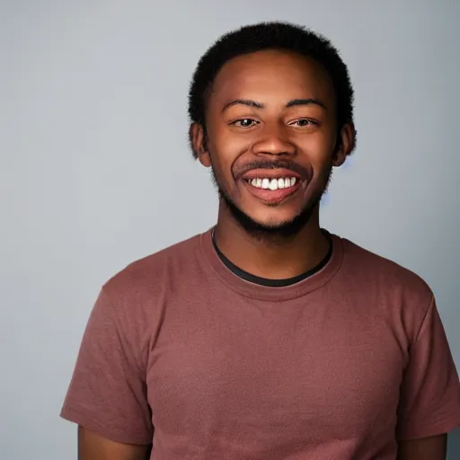 Image similar to studio photograph of a black person with japanese red eyes and a sad smile