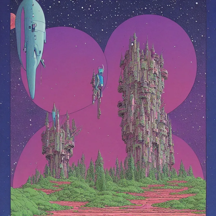 Image similar to ( ( ( ( a majestic castle at the end of a forest and an astronaut looking at it, with decorative frame design ) ) ) ) by mœbius!!!!!!!!!!!!!!!!!!!!!!!!!!!, overdetailed art, colorful, artistic record jacket design