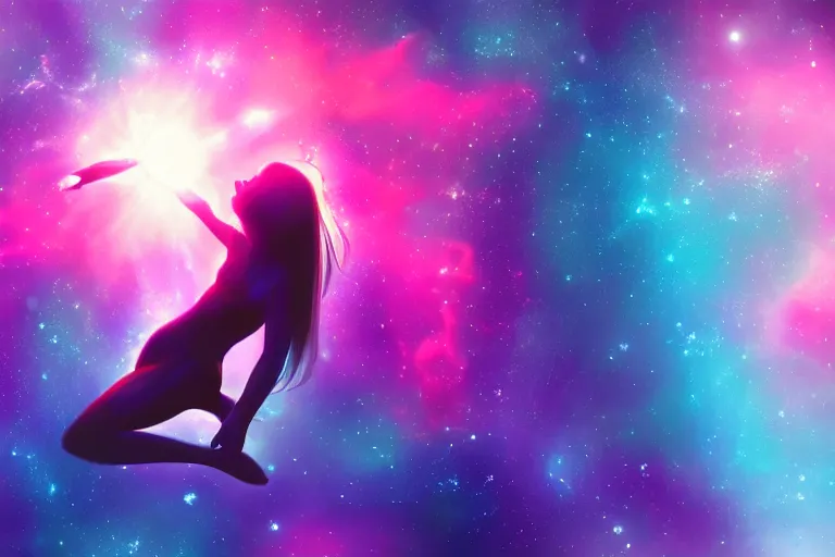 Image similar to silhouette of a girl suspended underwater with long hair, she's exploding into incredible stars and nebula, lens glare, dramatic abstract digital painting, trending on artstation