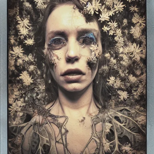 Image similar to a beautiful detailed front view portrait of a rotten woman corpse with fractal plants and fractal flowers growing around, volumetric light, beautiful lit, polaroid photography