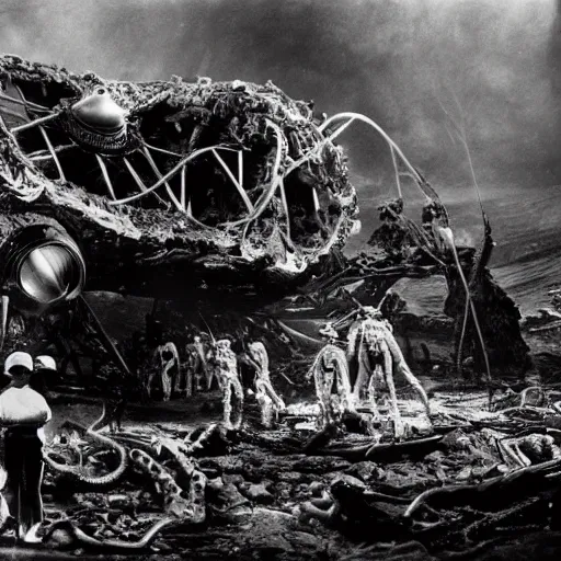 Prompt: scientists discovering an alien wreckage for the first time, 1 9 2 0's sci - fi, black and white, 8 k, highly ornate intricate details, extreme detail,