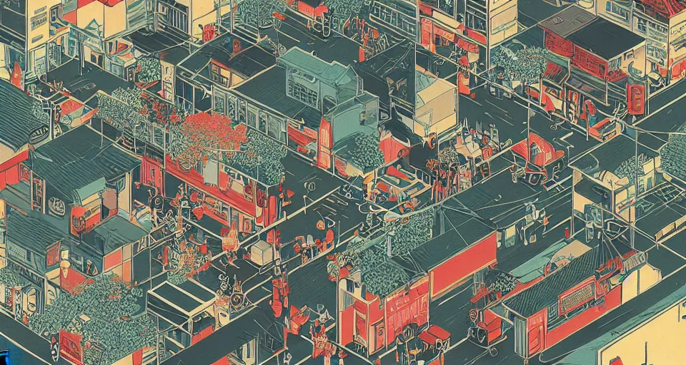 Prompt: isometric view illustration of a japanese street corner, by Victo Ngai