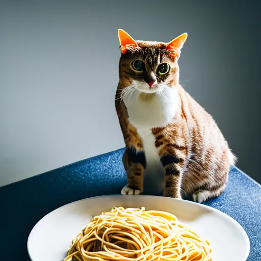 Image similar to professional photography of a cat sitting on a plate of spaghetti