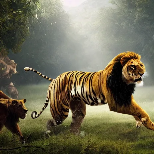 Prompt: a photo realistic photo of a lion, tiger and bear chasing a hunter through the jungle