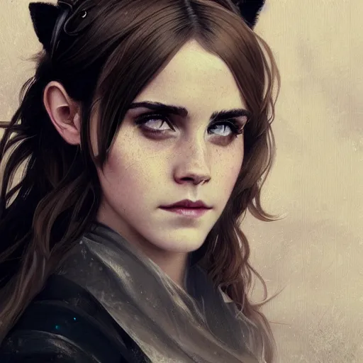 Image similar to a beautiful portrait of emma watson with cat ears, neko girl, fantasy, intricate, elegant, highly detailed, digital painting, artstation, concept art, matte, sharp focus, illustration, art by greg rutkowski and alphonse mucha