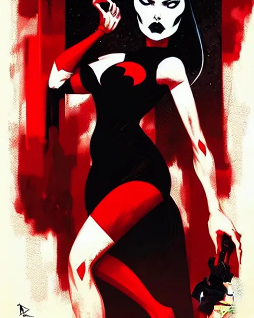 Image similar to rafael albuquerque comic art, peter mohrbacher, phil noto, artgerm, pretty evil elizabeth olson witch, black and red dress, symmetrical eyes