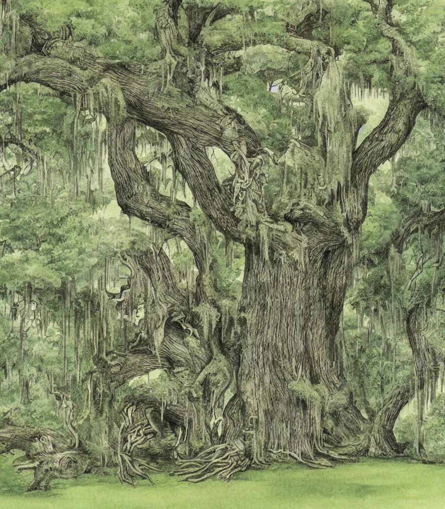 Prompt: southern plantation mansion trees hanging moss abandoned decay illustration by maurice sendak