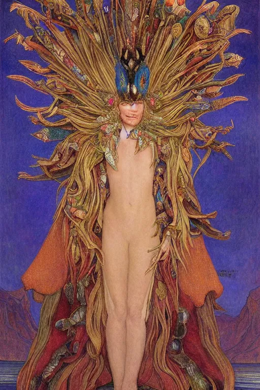 Image similar to cate blanchett , by jean delville and Gaston Bussière and Tino Rodriguez and Diego Rivera , elaborate headdress and embroidered velvet, iridescent beetles, rich color, dramatic cinematic lighting, extremely detailed