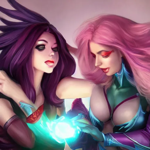 Prompt: league of legends photo, kai'sa and xayah as best friends, realistic, photo