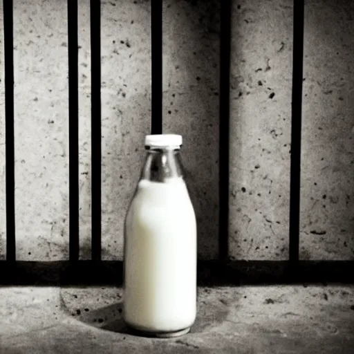 Image similar to bottle of milk inside a jailcell behind bars on the dirty floor