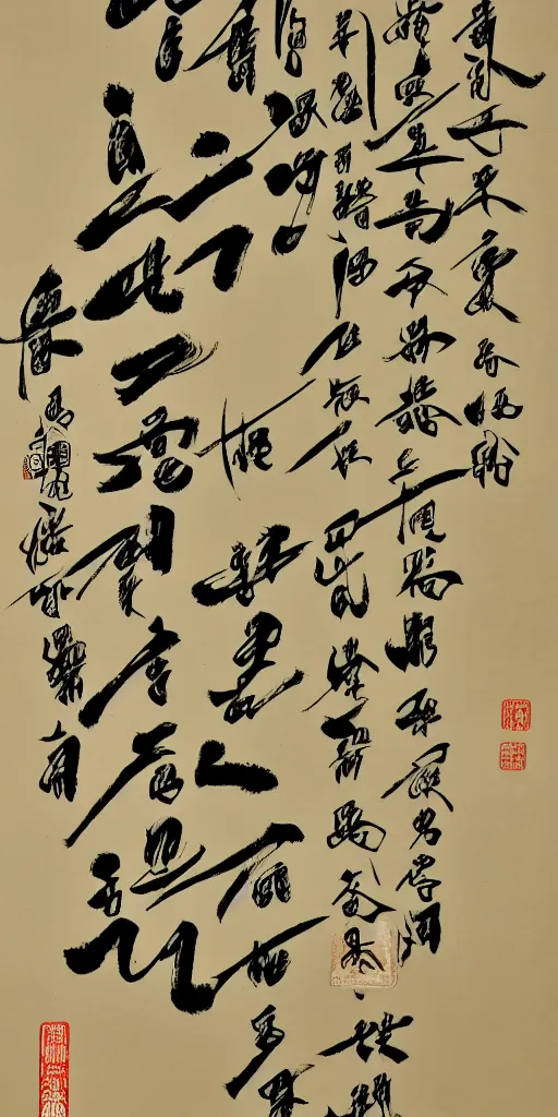 Image similar to a scroll of Chinese calligraphy presenting the characters of 正, 大, 光, 明 by Wang Xizhi, black and yellow scheme