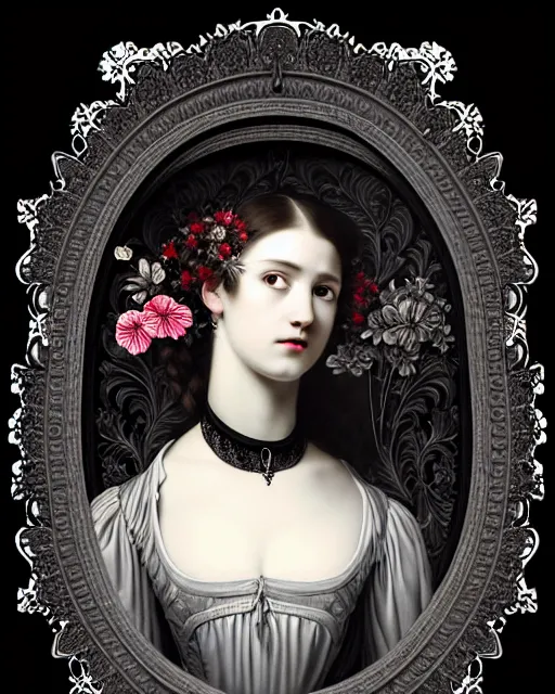 Image similar to masterpiece monochrome profile portrait painting, dutch masters, silver lace floral steampunk biomechanical beautiful one techno eye young female cyborg, big monocular, volumetric light, leaves foliage and stems, hibiscus flowers, gustave dore, rim light, big gothic fashion pearl embroidered collar, 8 k