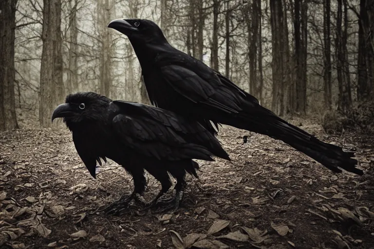Image similar to werecreature consisting of a crow and a human, photograph captured in a dark forest