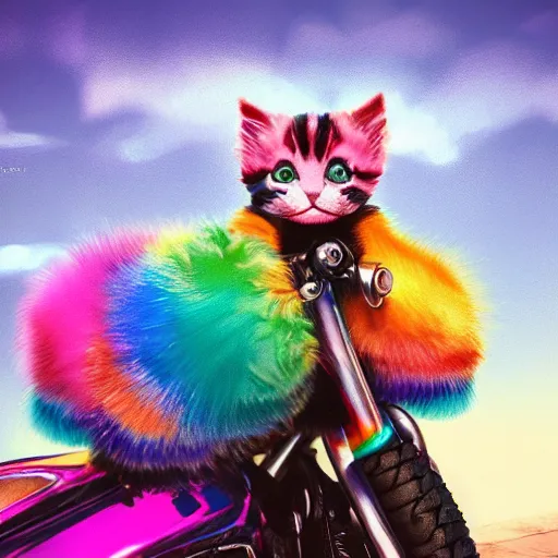 Image similar to wide angle full body, jacket wearing fluffy cute rainbow kitten wearing a black leather motorcycle jacket, riding on a motorcycle, cinematic concept art