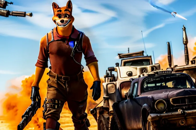 Image similar to nick wilde, heavily armed and armored facing down armageddon in a dark and gritty reboot from the makers of mad max : fury road