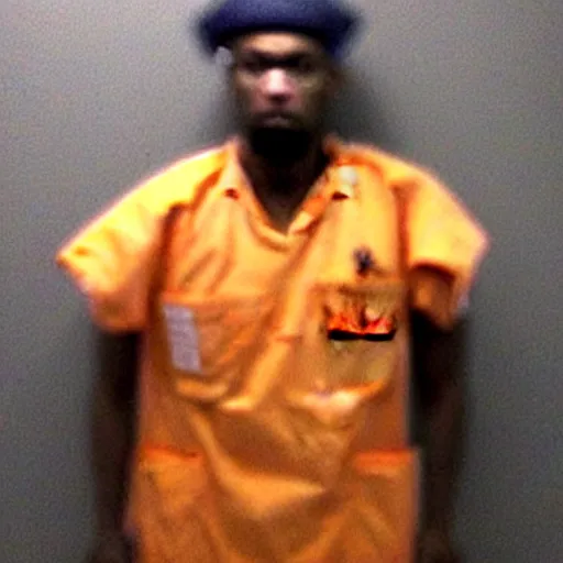 Image similar to chicken dressed with inmate clothes, mugshot in a police station