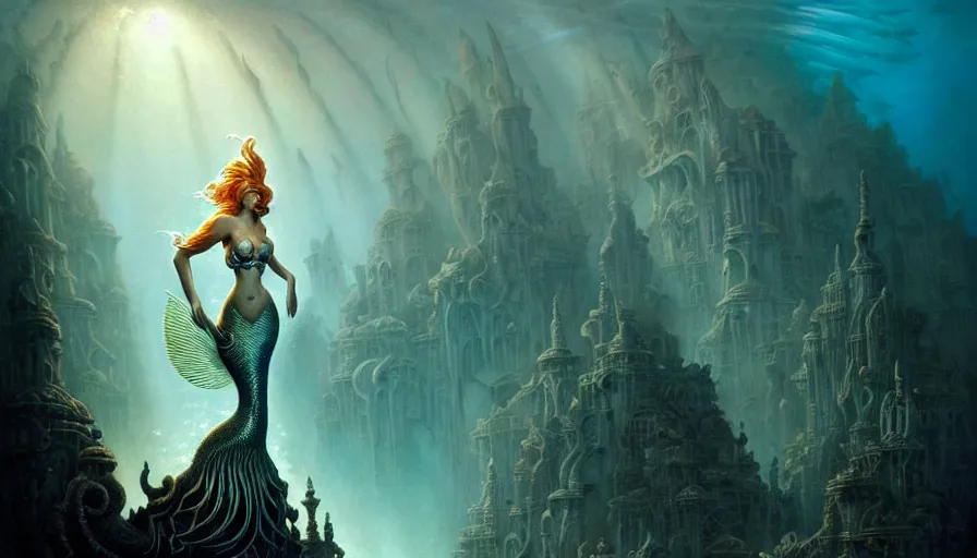 Prompt: a graceful mermaid looking at the sunken city of Atlantis under water, rays of sunlight, stunning undersea intricate detailed grand architecture in the style of Joe Fenton, art style by Greg Rutkowski and Mohrbacher, deep underwater scene, dark and moody, faint volumetric god rays, grim crushing atmosphere, trending on artstation, masterpiece, claustrophobic, sea floor is rocky and full of colorful corals