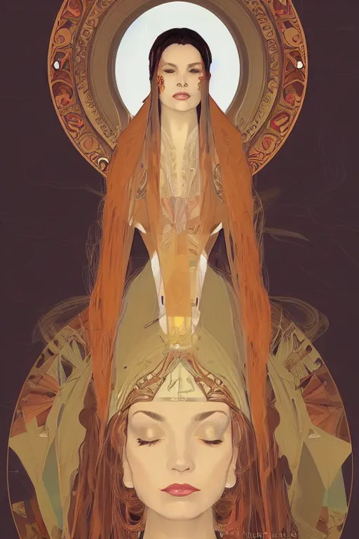 Image similar to high priestess, no noise, elegant, concept art, sharp focus, beautiful face!!, digital art, smooth defined outlines!!, human anatomy, human structure, vector background, by Brom, trending on Artstation, Alphonse Mucha, Tom Bagshaw, Sargent