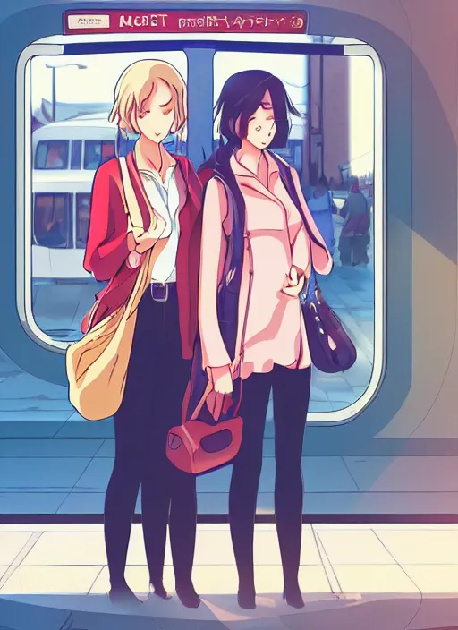 Prompt: two beautiful mothers waiting at a bus stop, gorgeous faces, smooth, thick lines, cinematic lighting, detailed anime art