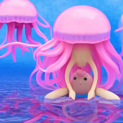 Prompt: cute pvc plush of a jellyfish girl in her underwater habitat, pvc figure, vray water refraction simulation, rtx