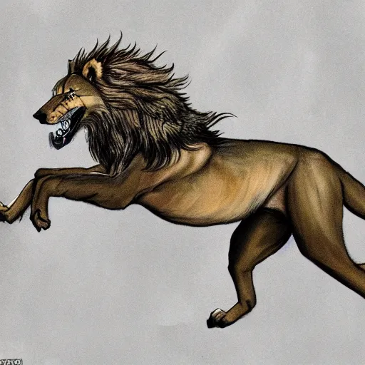 Prompt: a mythical creature which is a mix of a wolf and a lion, leaping up to attack, concept art, high fantasy