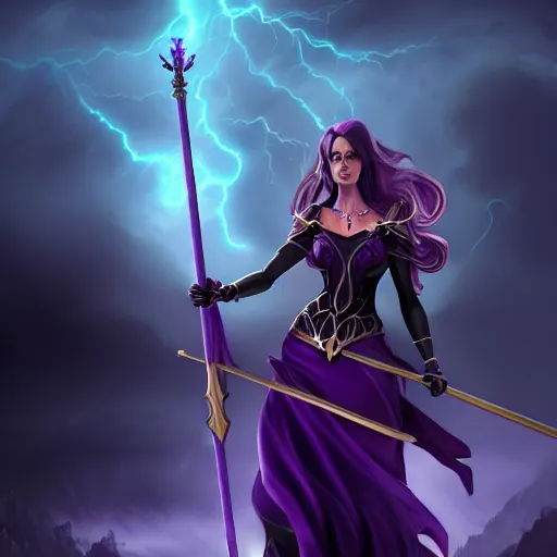 Image similar to a woman in a purple dress holding a staff and dark magic, storm and rain behind her, action scene, magical concept art, artstation contest winner, fantasy art, dark and mysterious, artstation hd, 1 2 0 mm lens, hero pose, detailed, 8 k, digital art