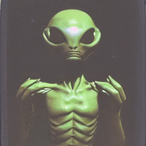 Prompt: Polaroid of a alien to encounter with the lost ones if they were in a dark zone hands up