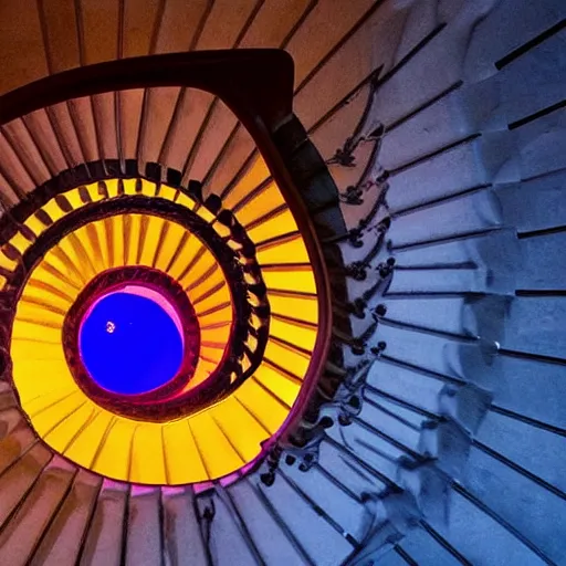 Image similar to A beautiful spiral staircase winding down to a colorfully lit chasm, view from above