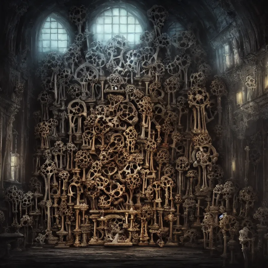 Image similar to full color, low ultrawide interior shot of sedlec ossuary, bones, anime style mixed with fujifilm, oil on canvas, hdr, dark, foggy, atmospheric, artstation, cgsociety, octane render, cgi, denoise, detailed, cinematic masterpiece